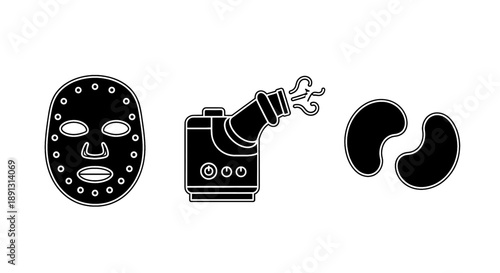 Facial treatment with spray nozzle and kidney bean shaped objects on white background