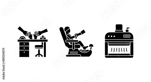 Black icons of dental tools on a desk a dentist chair and an autoclave machine on white background for medical and healthcare concepts
