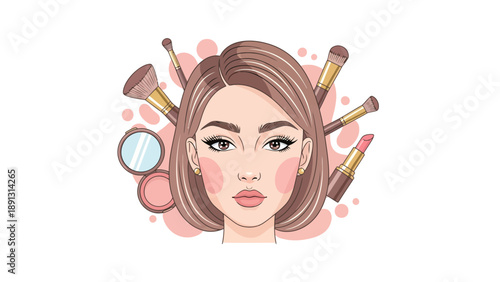 Womans face surrounded by makeup brushes lipstick and a mirror