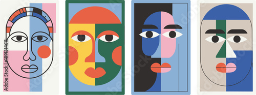 Abstract colorful face illustration set with modern geometric portraits, bold pop art style, creative contemporary character design collection