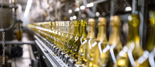 A conveyor belt carrying bottles of champagne on a production line symbolises industrial precision — a universal backdrop for presentations on technology or business processes.
