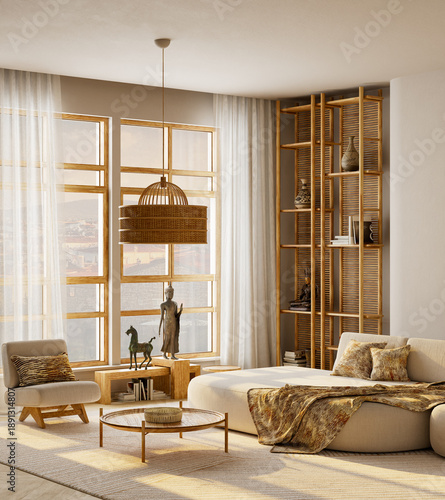 Japandi style living room interior with cozy wooden furniture, warm tones, soft daylight, and minimalist modern design ambiance for a serene home interior. 3D illustration.