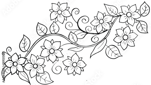 Intricate s shaped vine with layered flower silhouette and leaves on white background for design