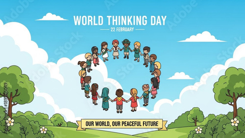 Diverse children holding hands forming a circle under a blue sky with clouds celebrating world thinking day for a peaceful future