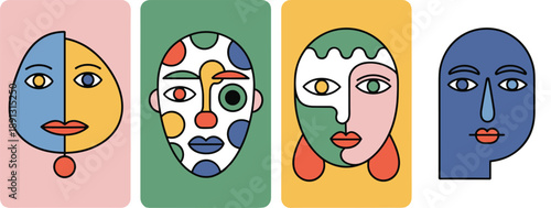 Abstract modern face illustration set with colorful geometric portraits, minimalist art style, contemporary design collection, creative expression isolated background