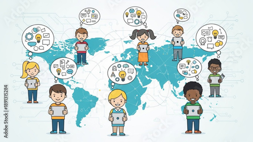 Diverse children standing on a world map with thought bubbles full of creative ideas and inventions