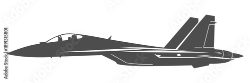 Silhouette SU-27 military aircraft design from side view. Minimalist vector illustrations su27 fighter jet in black and white color from lateral. Monochrome drawing russia fourth generation aircraft.