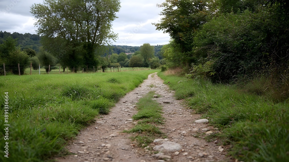 Fototapeta premium A narrow rocky dirt path winds through a lush green countryside with trees and rolling hills under an overcast sky