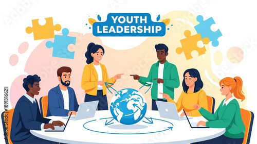Diverse group of young adults in a meeting with a globe on the table discussing youth leadership