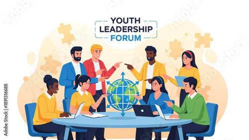 Diverse group of young adults collaborating on global project at youth leadership forum meeting