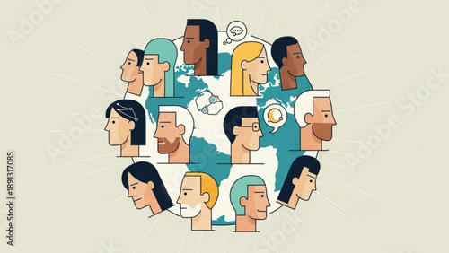 Diverse group of people in discussion teamwork and communication concept illustration of multiple faces in a circle