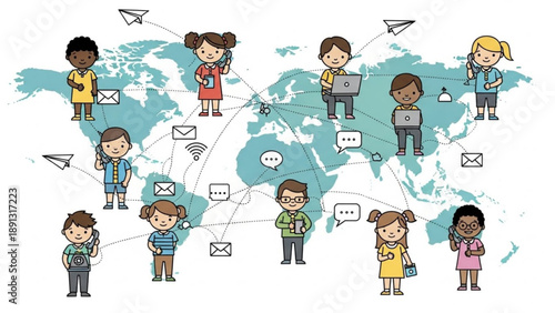 Diverse children communicating globally with laptops and paper planes on a world map background