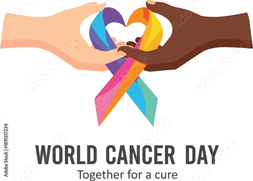 World Cancer Day illustration with diverse hands forming heart ribbon, unity hope inclusivity support healthcare awareness concept, isolated on white background