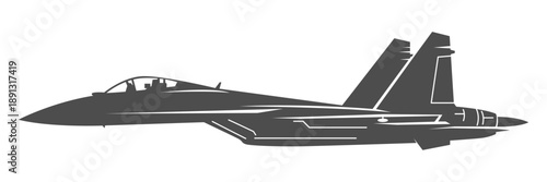Silhouette SU-35 military aircraft design from side view. Minimalist vector illustrations su35 fighter jet in black and white color from lateral. Monochrome drawing russia fourth generation aircraft.