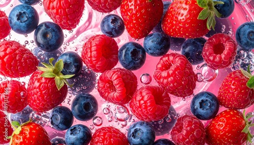 Strawberries, raspberries, and blueberries floating in soda water　ソーダ水に浮かぶイチゴとラズベリーとブルーベリー