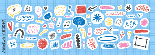 Hand-drawn crayon scribbles and doodles create playful texture with colorful pencil strokes, hearts, and arrows for collage. Vector illustration.