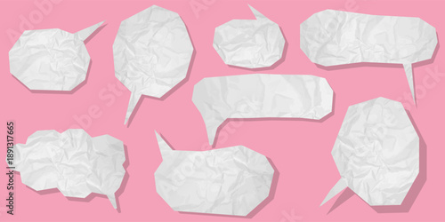 Speech balloon paper set with wrinkled texture. Crumpled paper speech bubbles collection, comic stickers for messaging, scrapbook project, dialogue stickers, conversation templates Textured balloons
