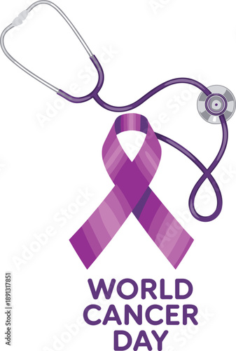 World Cancer Day illustration with purple awareness ribbon and stethoscope, healthcare support medical awareness concept, hope solidarity design, isolated white background