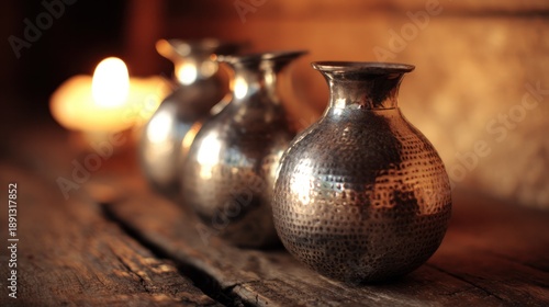 Three antique pewter flagons on a rustic wooden table illuminated by candlelight. bar promotions, beverage menus, designed for product packaging and bar promotions.
