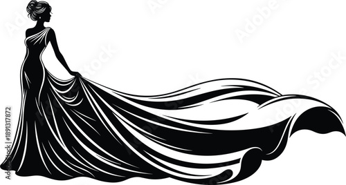 Elegant woman silhouette in flowing long gown, fashion illustration, luxury evening dress design, black and white vector art concept
