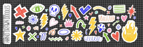 Abstract graffiti collection featuring hand-painted stars, grunge hearts, star symbols, and organic doodles Vector illustration. 