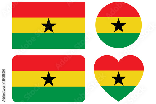 The national flag of Ghana consists of a horizontal triband of red, yellow, and green with a black star. ghana flag in rectangular, heart and round shapes. Vector Illustration.