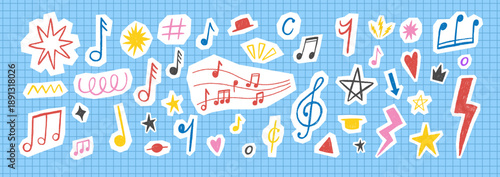 Pastel crayon sketches of musical notes blend with textured doodles in a charming hand-drawn collage. Vector illustration.