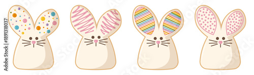 Cute Easter Bunny Cookies Collection with Colorful Patterned Ears, Vector Illustration of Rabbit Shaped Holiday Biscuits Isolated