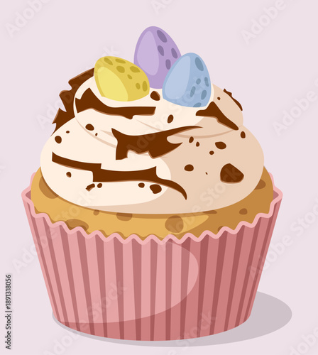 Flat Easter Cupcake Illustration with Frosting, Speckled Candy Eggs and Grated Chocolate Topping Isolated on Light Background