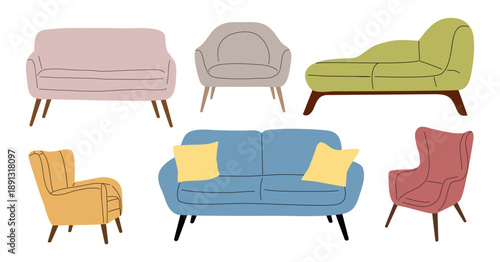 Set of mid century modern sofas and armchairs in soft colors, ideal for interior design, home decor, furniture, and lifestyle concept. Flat vector illustration isolated on transparent background