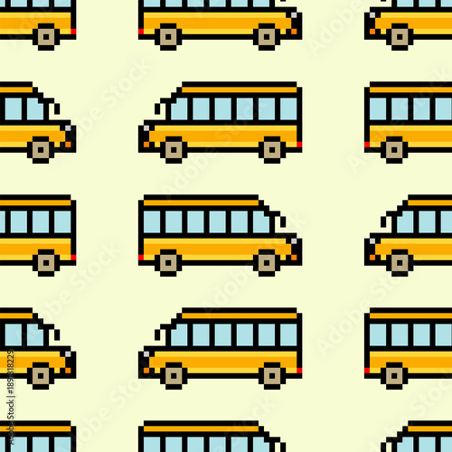Seamless pattern with 8 bit retro school bus pixel art