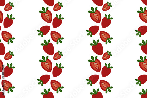 Whimsical seamless pattern of hand drawn strawberries and sliced fruit arranged in vertical stripes, perfect for summer textiles, kitchen wallpaper, and vibrant digital scrapbooking.