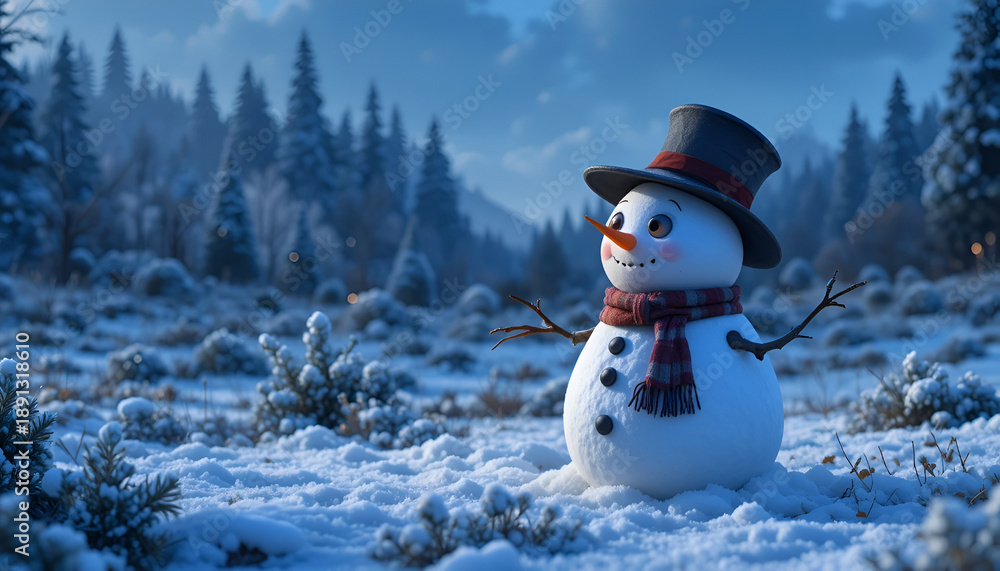 Obraz premium A cheerful snowman stands in a snowy forest landscape under a cloudy sky