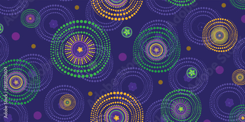 Festive Mardi Gras Pattern with colorful Fireworks on dark violet Background. Concept of Shrove Tuesday celebration, New Orleans carnival aesthetic, party Backdrop, and Mardi Gras holiday Branding