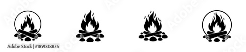 Campfire and cooking setup icons for outdoor, survival, and camping themes.