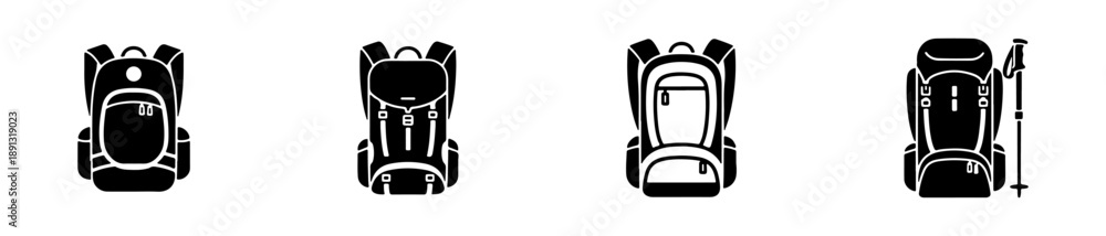 Fototapeta premium Backpack icons in various styles for hiking, school, and travel themes.