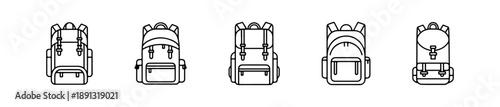Backpack icons in various styles for hiking, school, and travel themes.