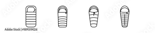Sleeping bag icons in various shapes including rectangular and mummy-style for camping and outdoor gear themes.