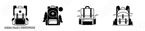 Backpack icons in various styles for hiking, school, and travel themes.