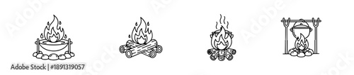 Campfire and cooking setup icons for outdoor, survival, and camping themes.
