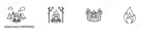 Campfire and cooking setup icons for outdoor, survival, and camping themes.