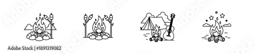 Campfire and cooking setup icons for outdoor, survival, and camping themes.