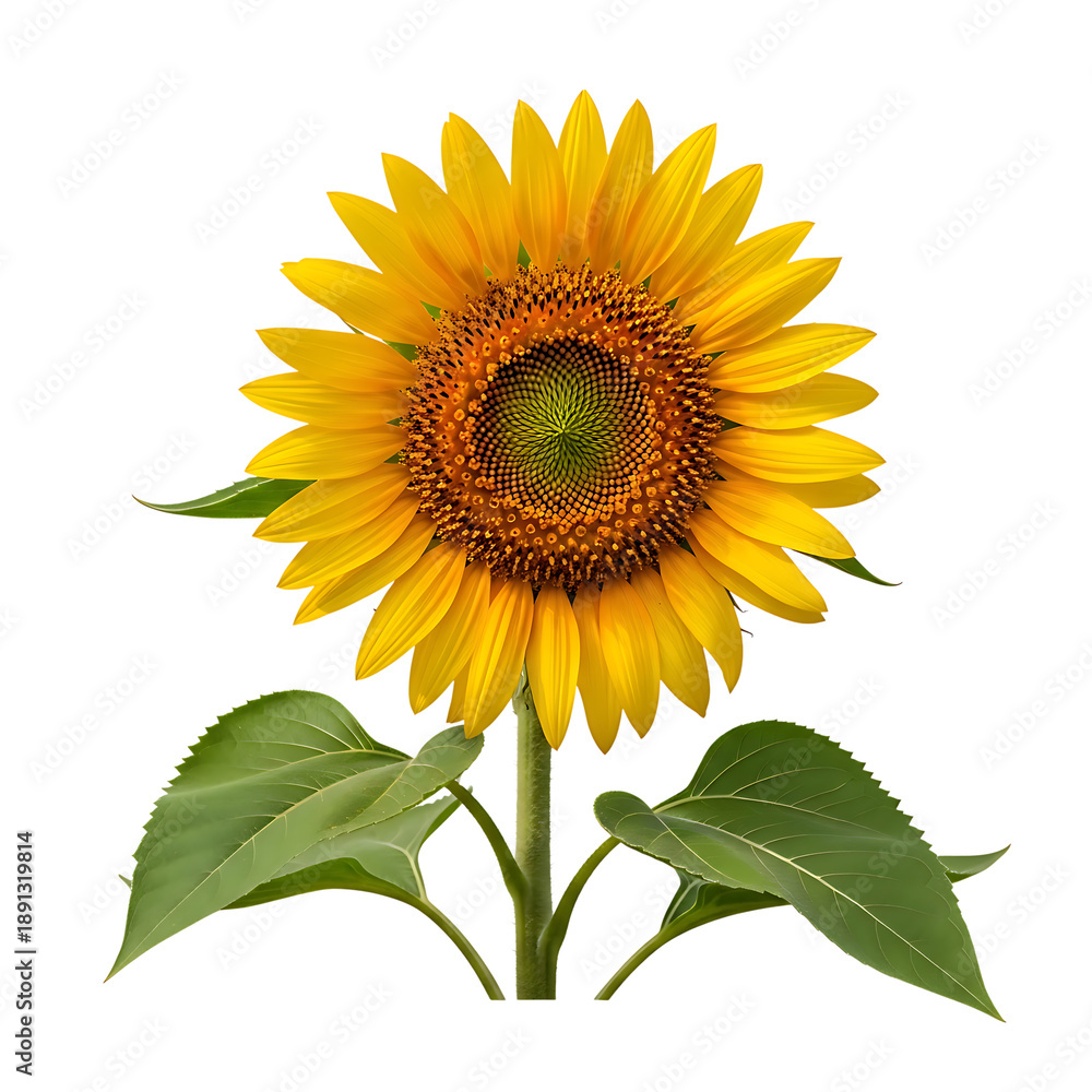 Obraz premium Bright Yellow Sunflower with Green Leaves Isolated on Transparent Background