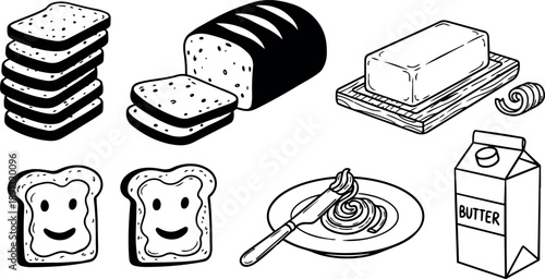 Hand drawn style sketch of sliced bread stack and loaf with smiling toast alongside butter block and knife spreading butter on plate