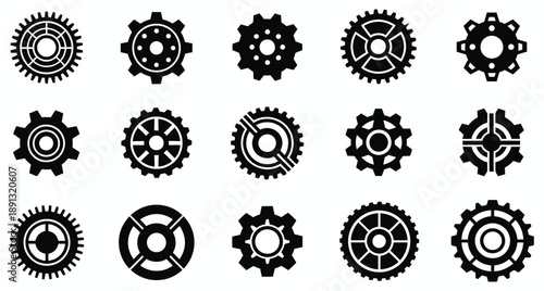Vector set of black and white flowers and tree silhouettes featuring gear icons and industrial cogwheel patterns for machinery design
