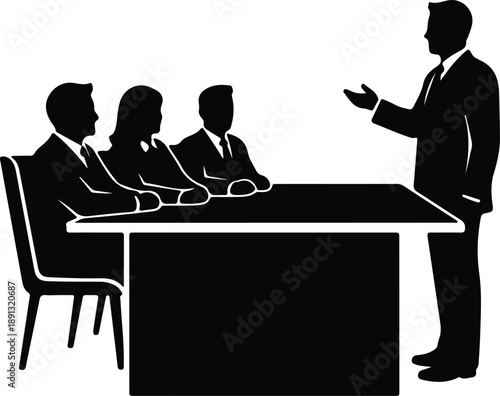 Silhouette of businessman presenting to panel of interviewers sitting at table illustration vector