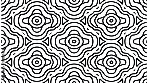 Black and white geometric organic hybrid pattern with floral shapes and lines