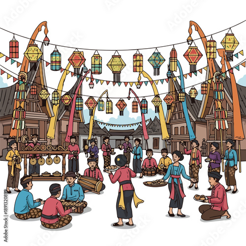 Cultural Celebration in an Indonesian Village with Traditional Music and Lanterns