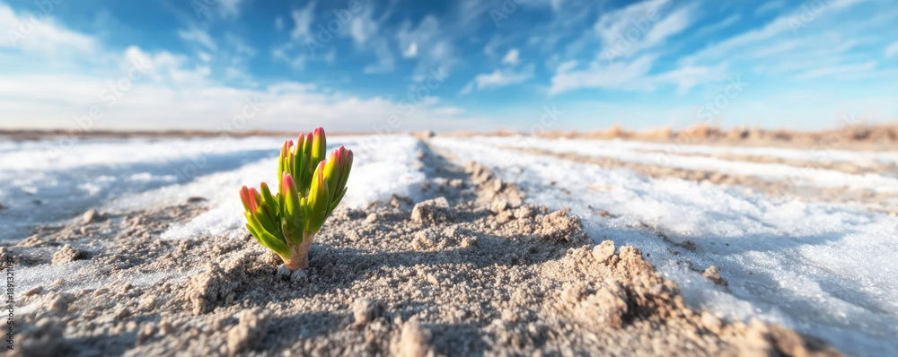 Fototapeta premium Green plant growing from arid icy ground under blue sky, representing hope, strength, and survival in extreme conditions