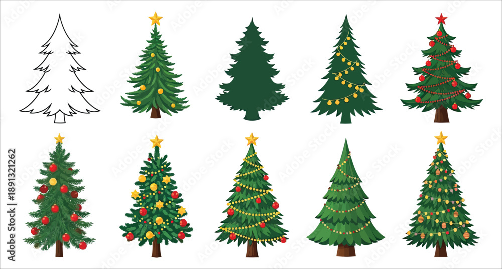 Fototapeta premium Set of green Christmas trees with snow and holiday decorations in winter forest cartoon style